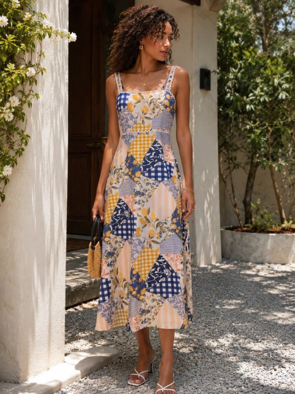 Moon River Patchwork Print Cotton Midi Dress Off White Multi $108 Small